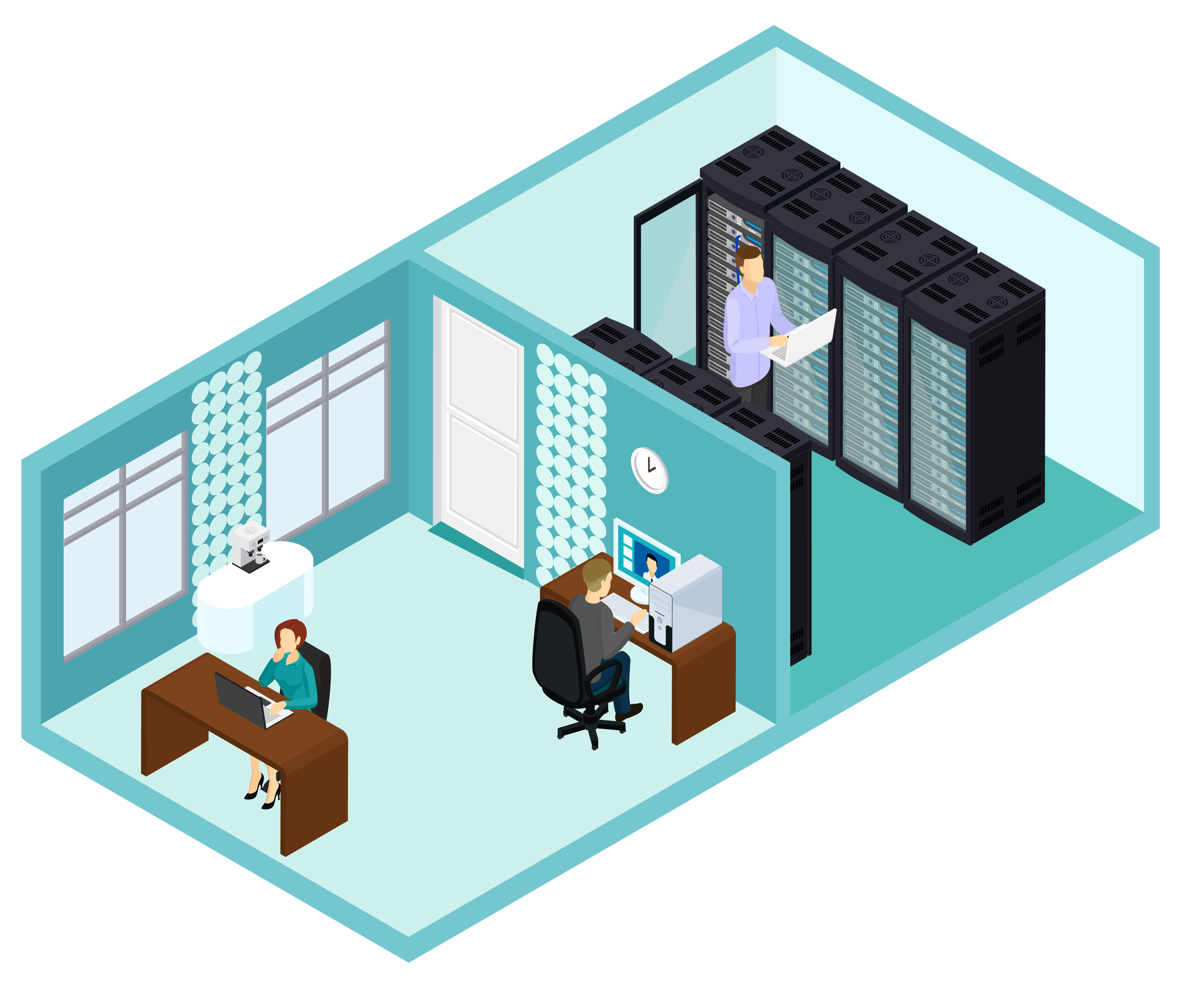 オフィス内の作業スペースとデータルーム